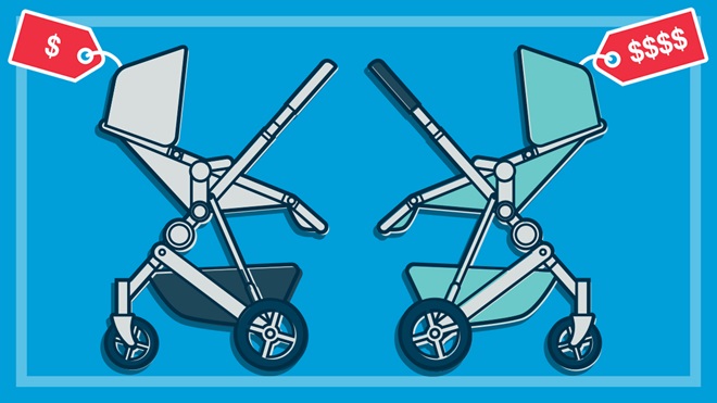 two strollers with cheap and expensive price tags